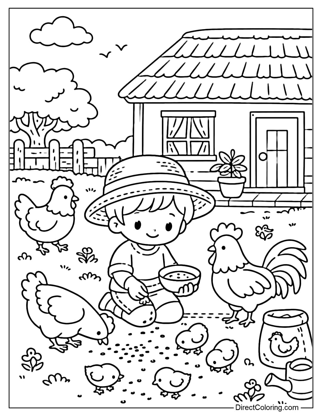 Coloring page of a person feeding chickens in front of their house with a few chickens around.