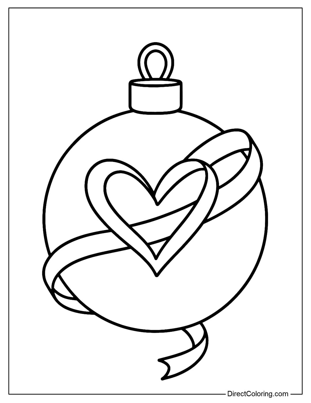 A heart ornament coloring page with a bow and a hook.