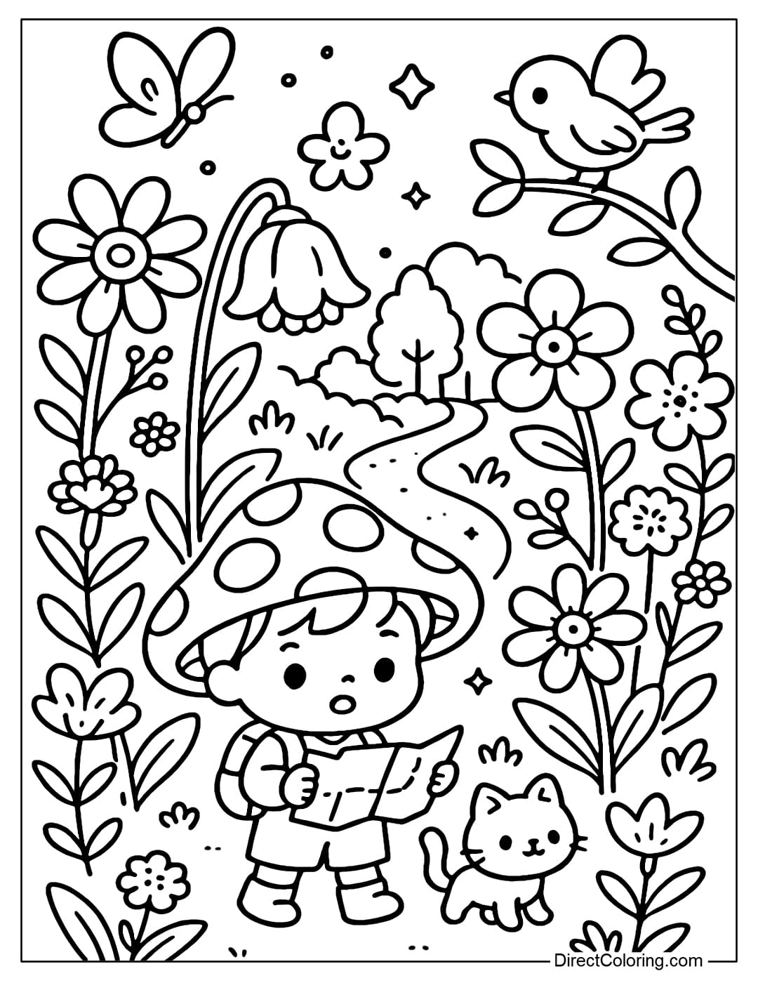 A garden coloring page full of big flowers, butterflies flying, a little baby exploring.