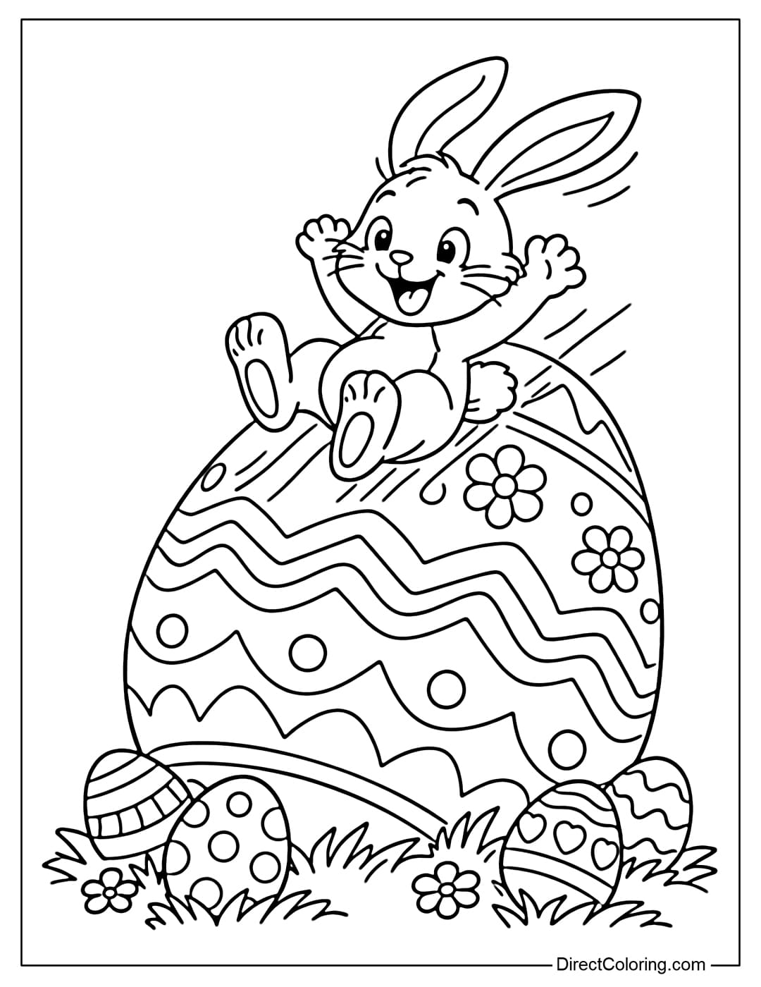 This coloring page shows a mischievous Easter bunny sliding down a giant Easter egg, with smaller eggs and a patch of grass underneath.