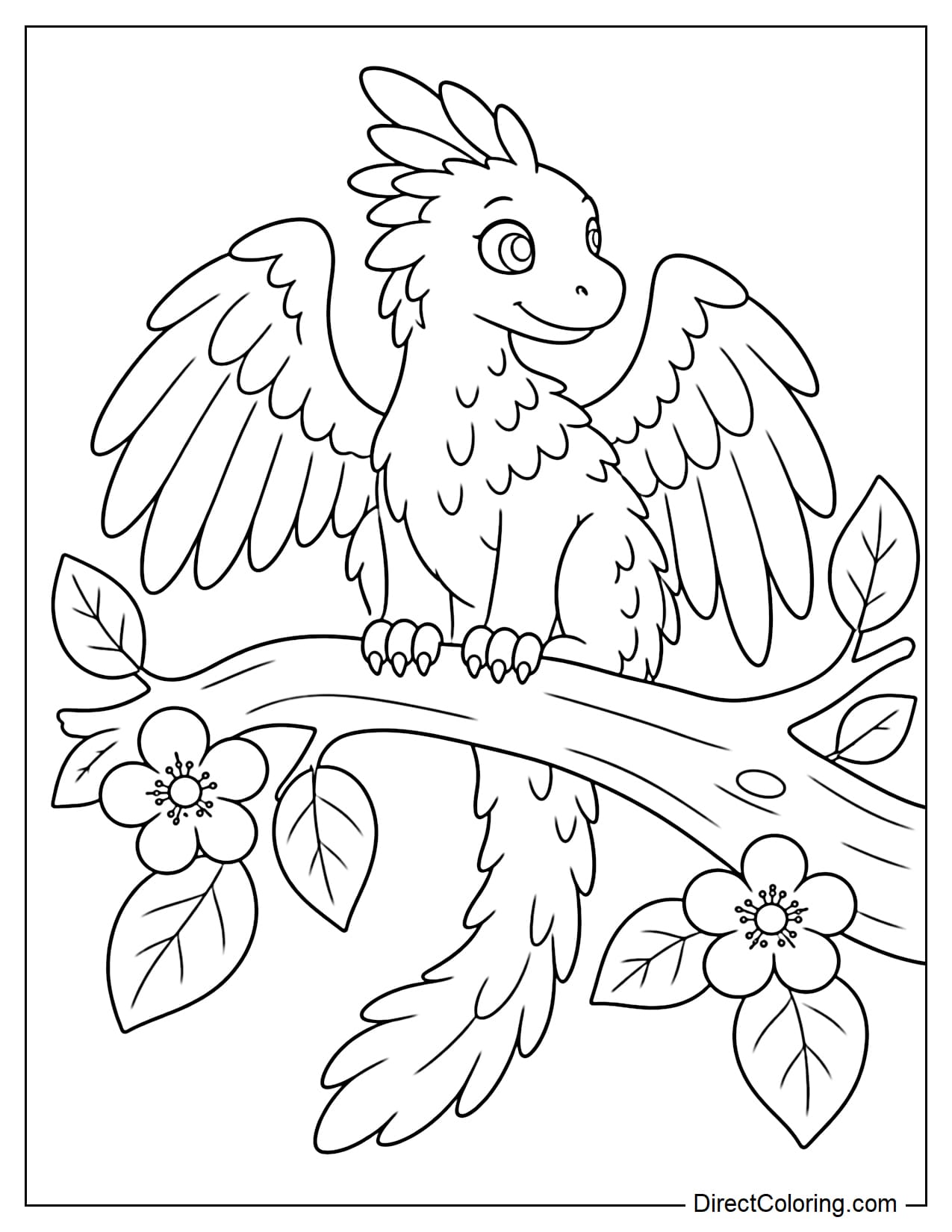 A feathered dragon is perched on a large flowering tree branch, with its feet gripping lightly, head turned to one side, and long soft tail hanging down.