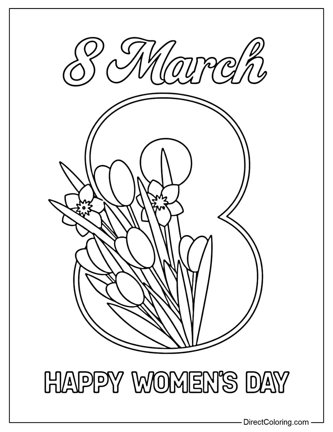 A coloring page with a large number 8 encasing a simple spring bouquet, with 