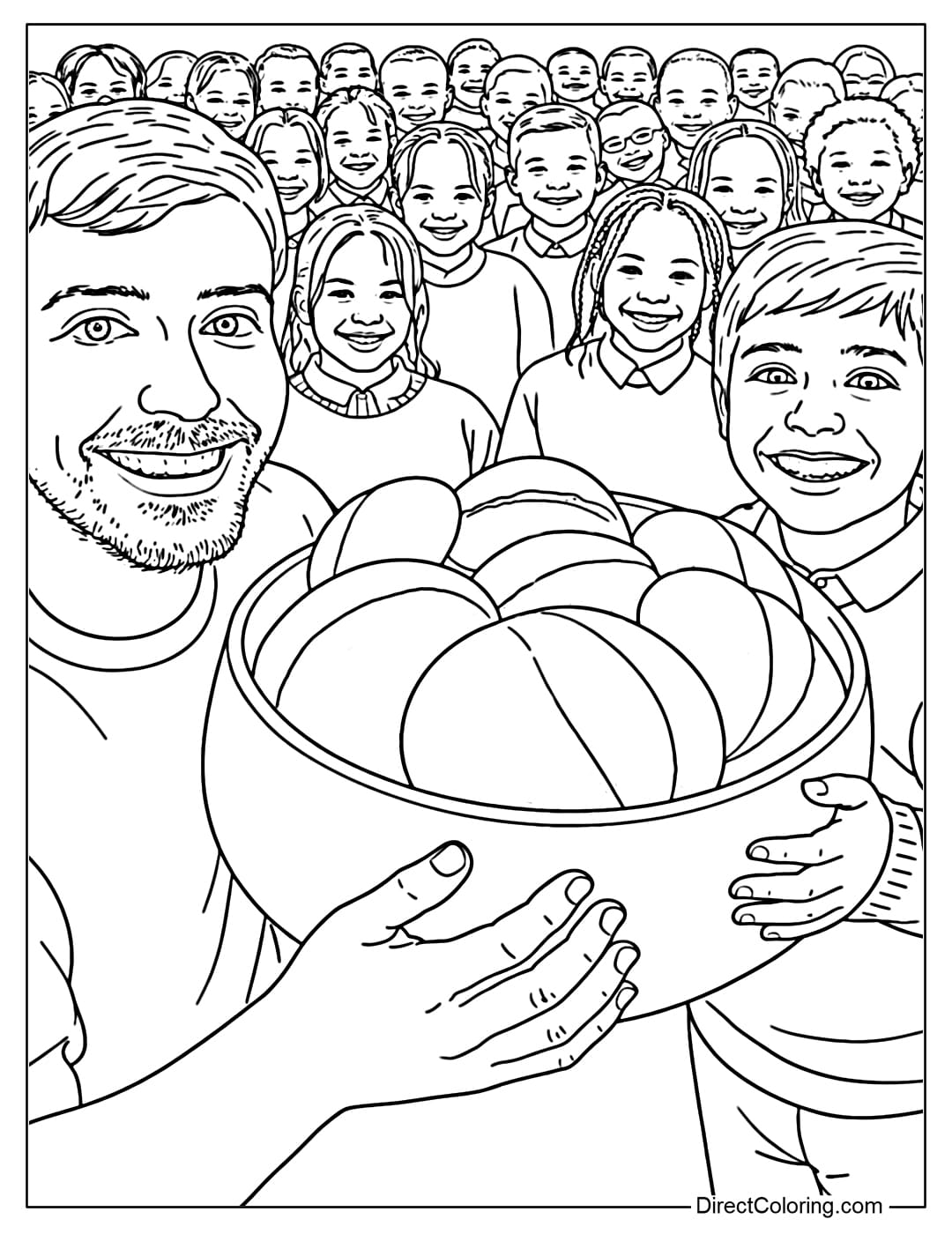 Mr. Beast is with a boy carrying a large bowl of bread, behind them a crowd of smiling children.