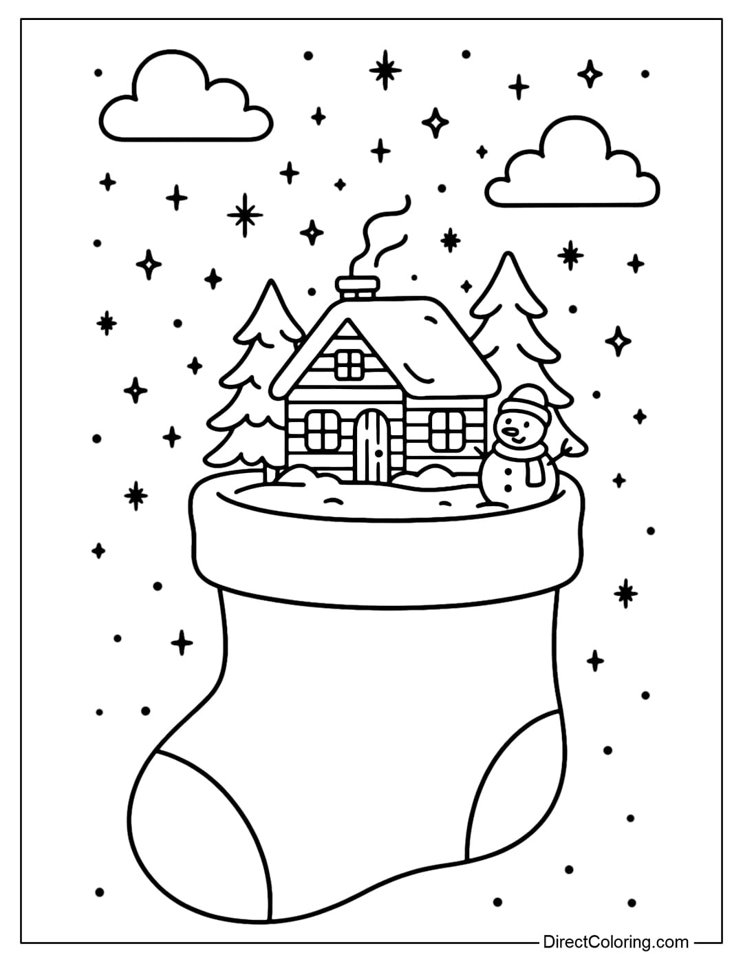 Snowy Village Stocking Coloring Page Coloring Page Inside the stocking is a miniature Christmas village: wooden houses, pine trees, snowmen and warm lights.
