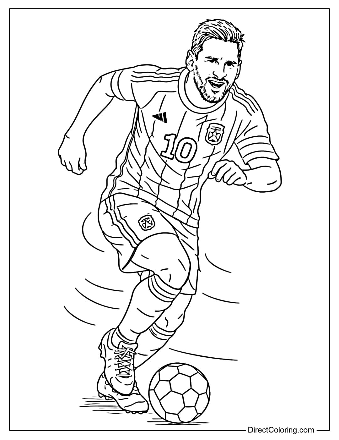 Coloring page of Lionel Messi dribbling the ball with curved speed lines around him.