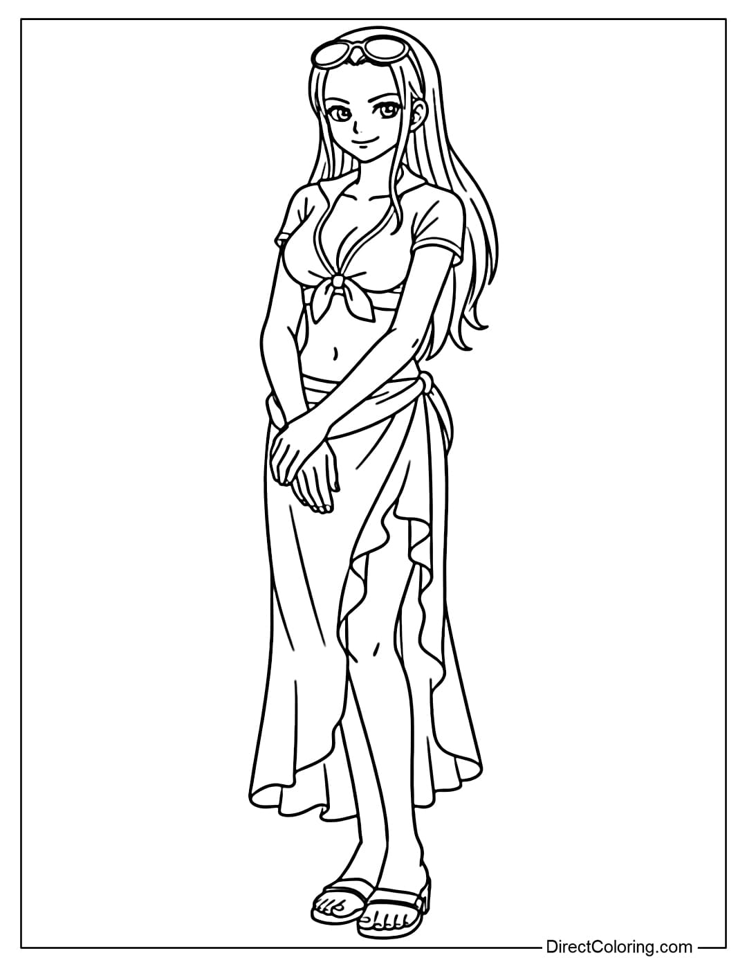 Nico Robin from One Piece is wearing a summer-inspired outfit with a crop top with a bow, a long wrap skirt, sunglasses, and sandals.