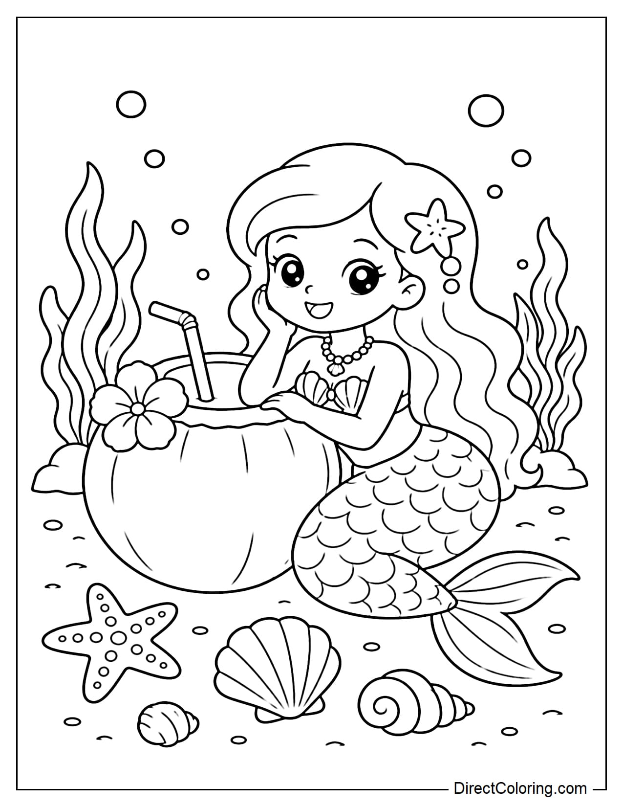 A cute mermaid sits next to a large coconut under the ocean, surrounded by seashells, starfish, and seaweed.