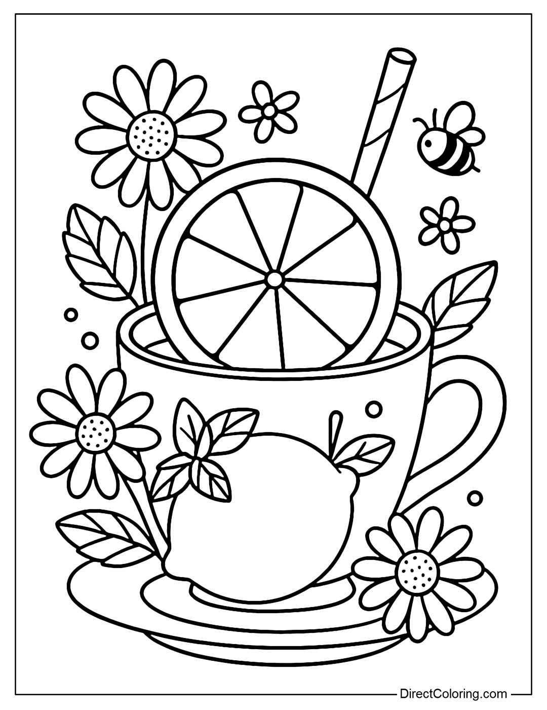 Coloring page of lemon slices placed in a teacup, surrounded by daisies, mint and small bees.