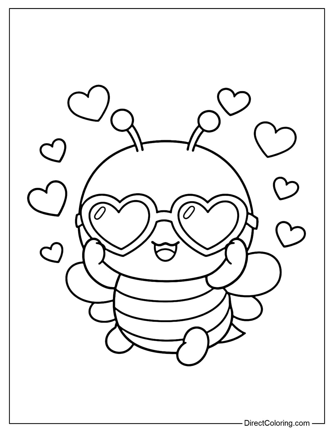 A coloring page of a bee wearing heart-shaped glasses, surrounded by several small hearts.