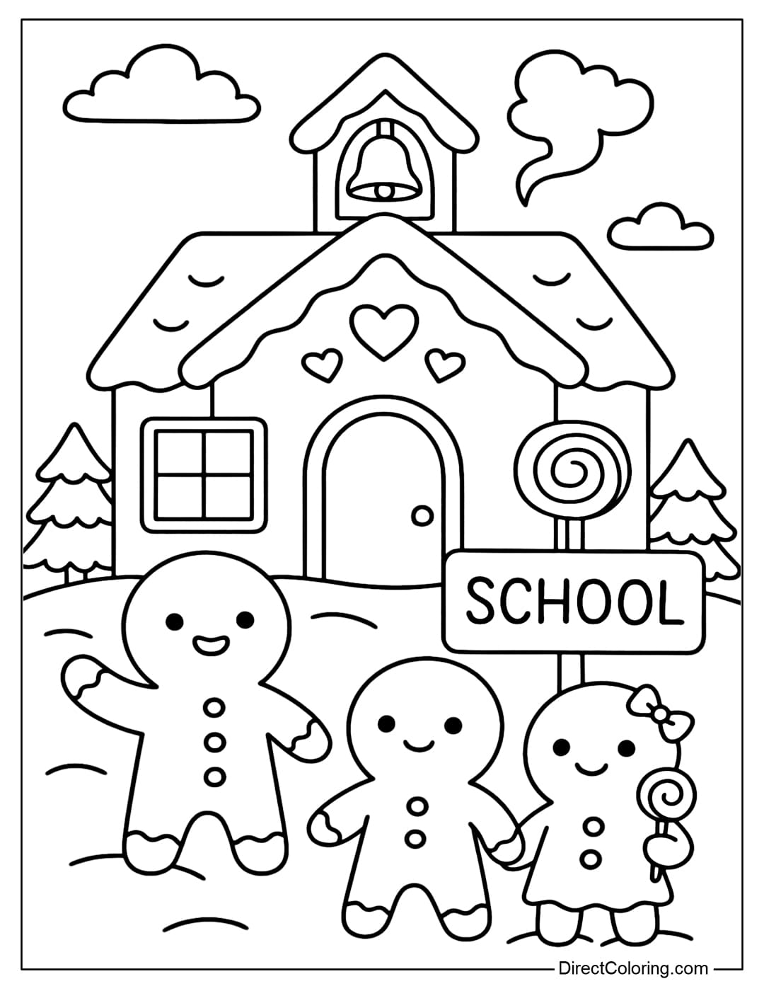 A gingerbread school coloring page with a candy board and cute little cake students.