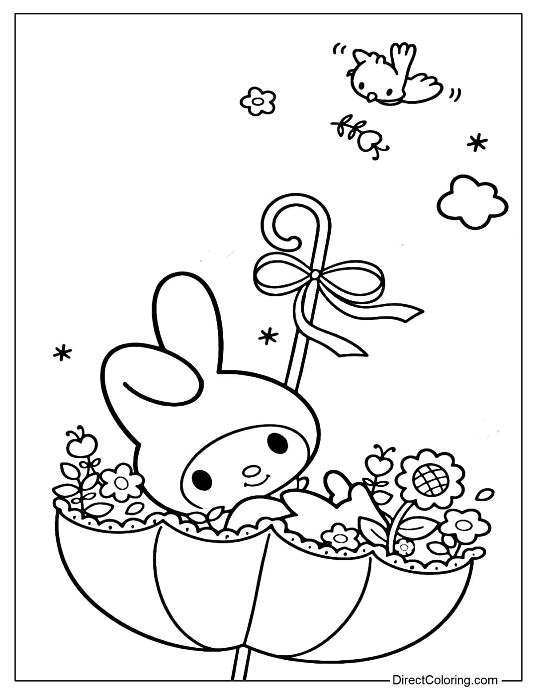 My Melody is inside an upside-down umbrella full of flowers. A little bird is flying above.