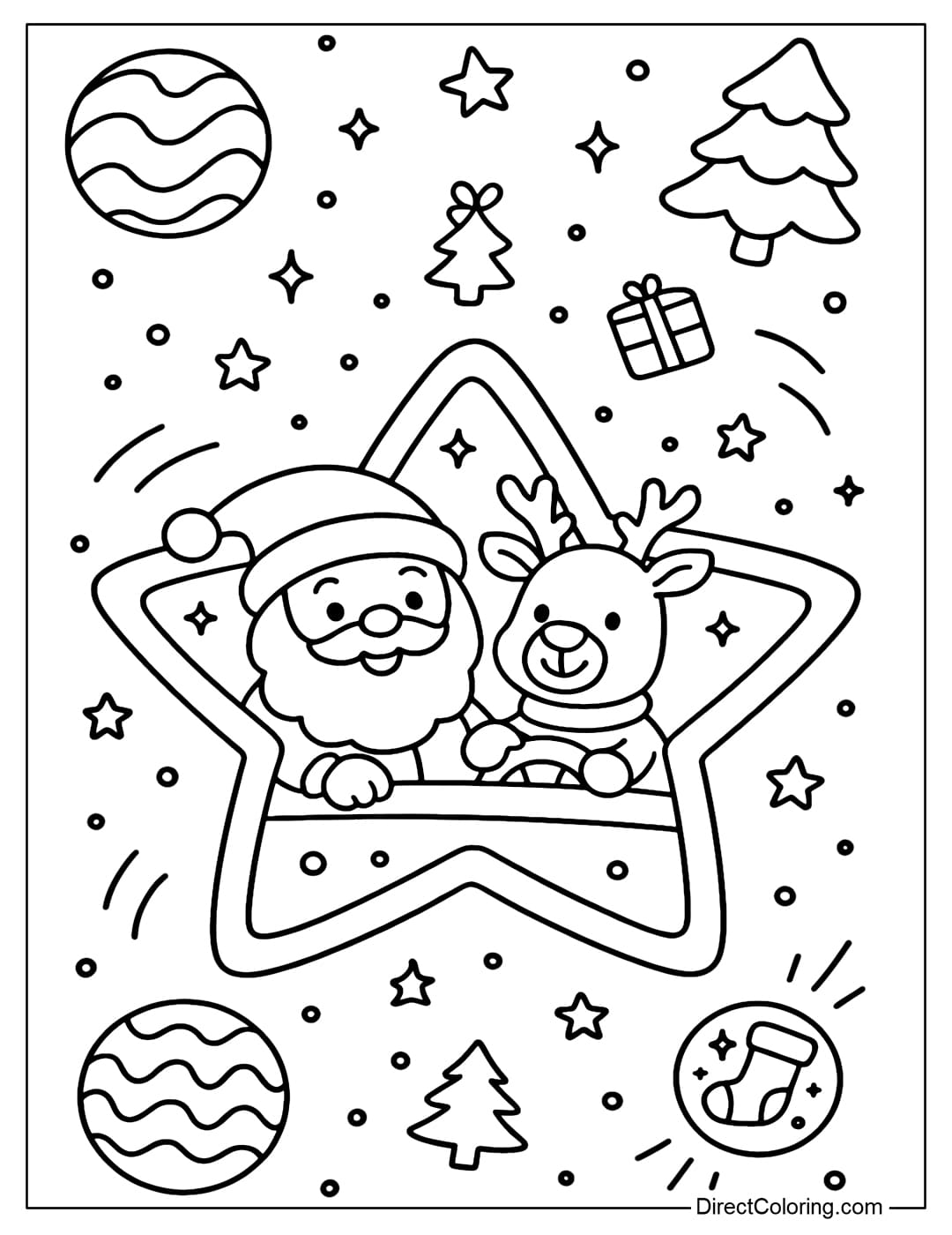 Coloring page of Santa Claus and reindeer in a star-shaped spaceship, flying through a brilliant sky filled with candy-shaped planets, floating Christmas trees and flying presents in the air.