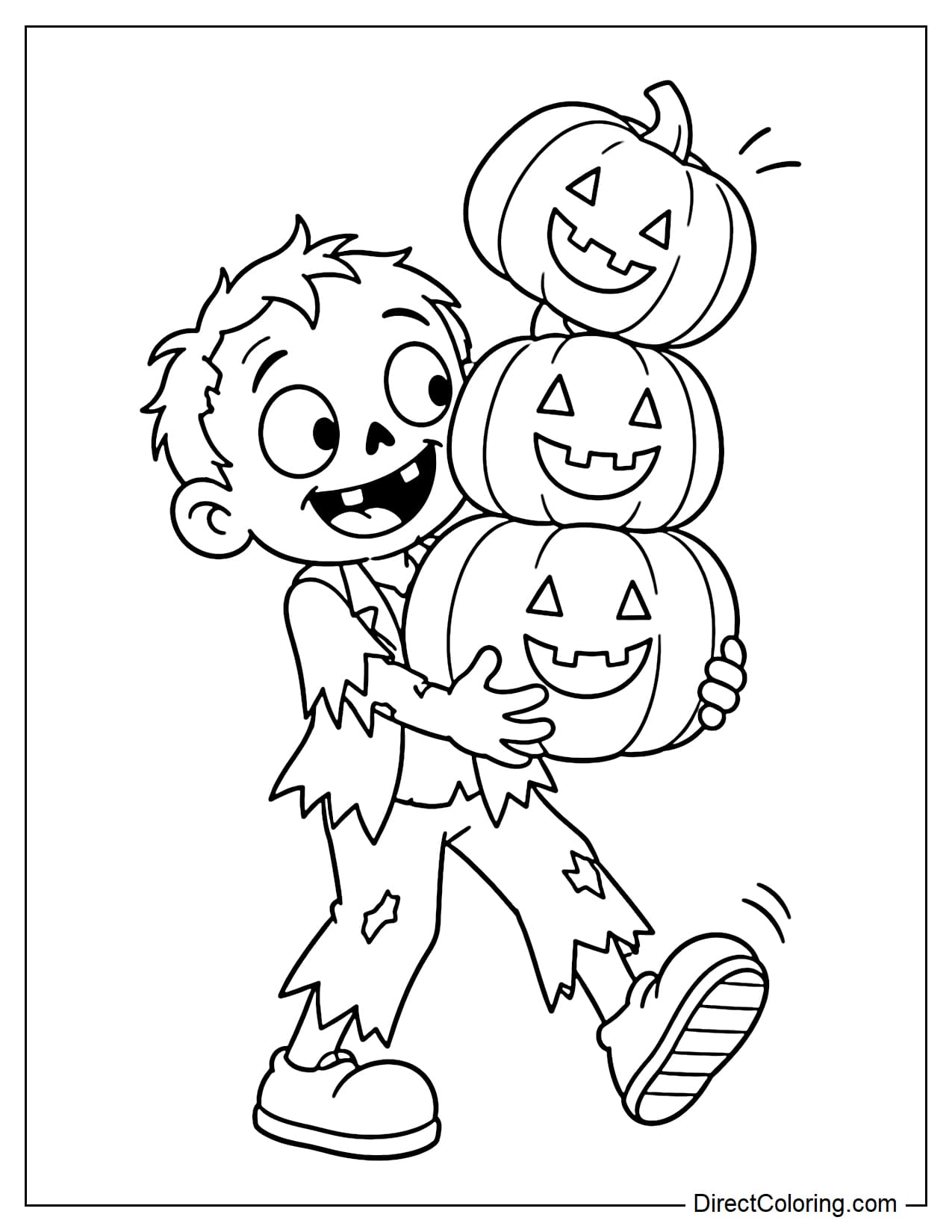 A zombie carries a stack of three large pumpkins, with the top pumpkin tipping to one side as if it is about to fall.