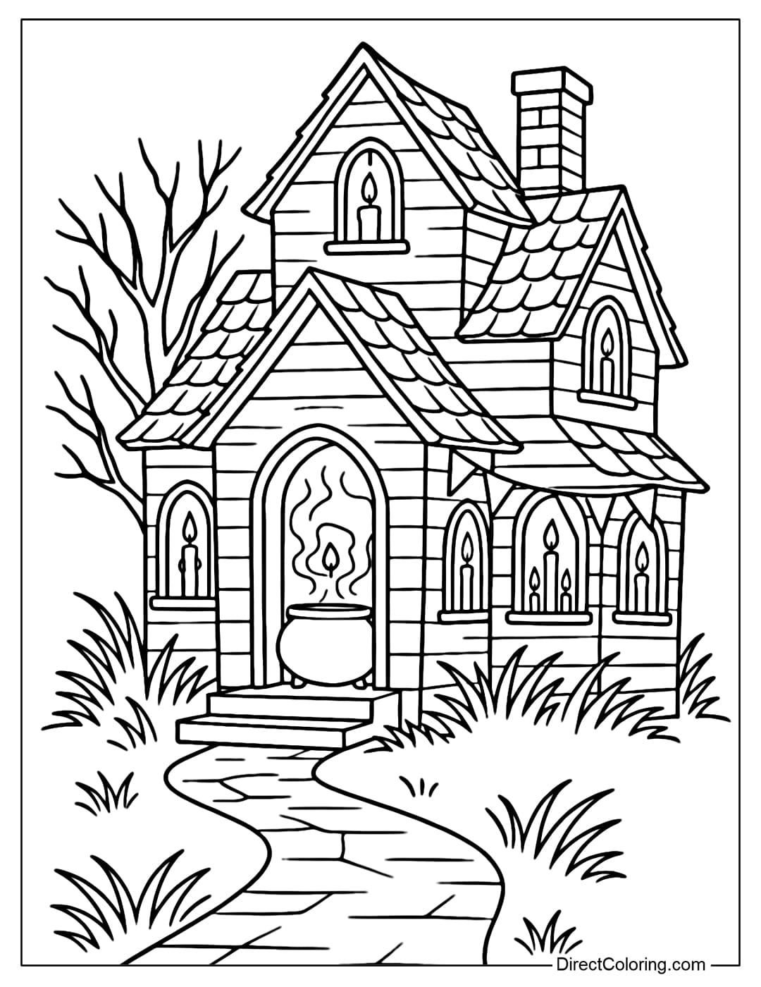 A haunted house coloring page with many flickering candles in the windows.
