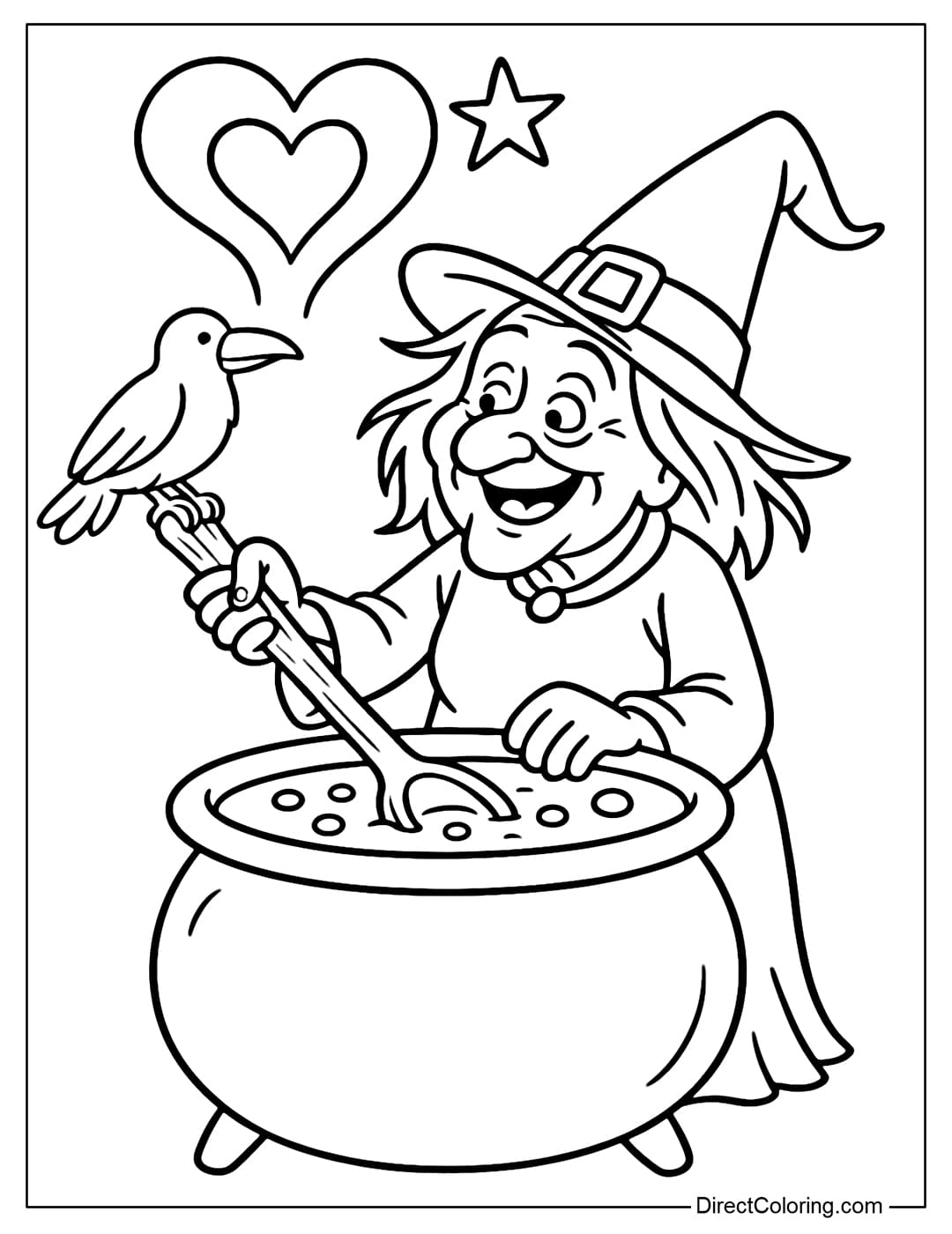 A witch stirring a giant cauldron of magic potion, she smiles toothlessly, with a crow beside her.
