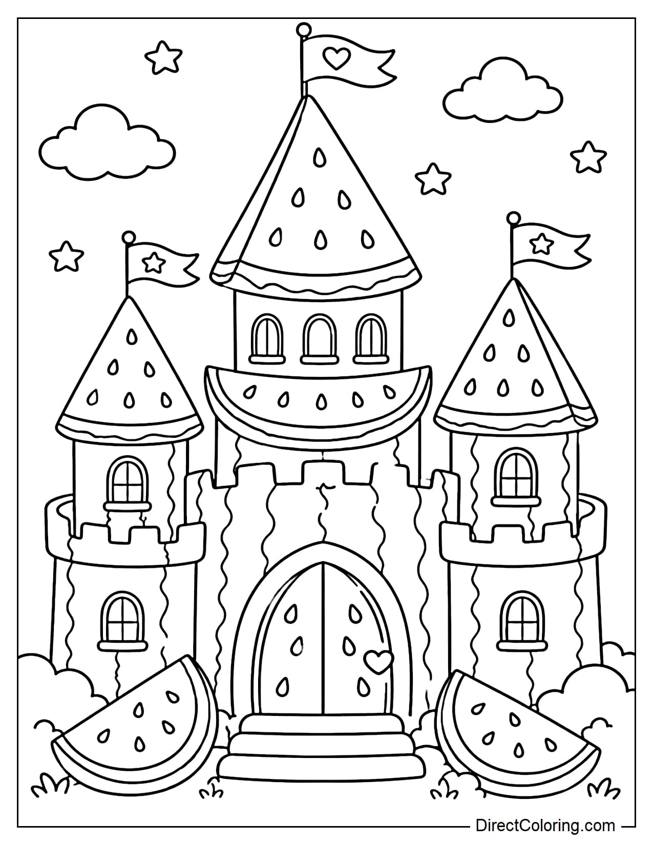 A castle made from watermelon slices with tiny flags on the tower, surrounded by clouds and stars.