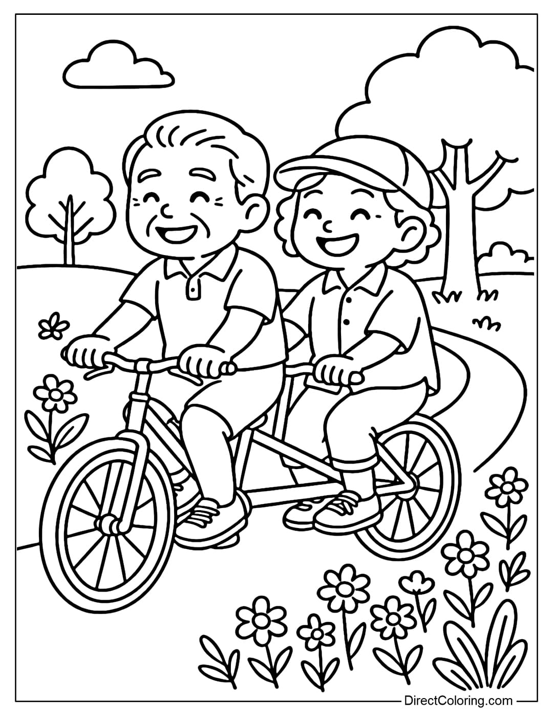 Coloring page of grandparents riding a tandem bicycle on a small road, surrounded by wildflowers and trees.