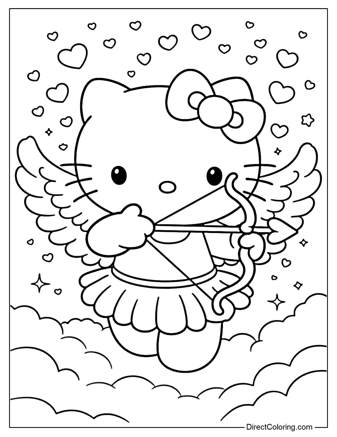 A coloring page of Hello Kitty wearing small angel wings and holding an adorable heart-shaped bow and arrow.