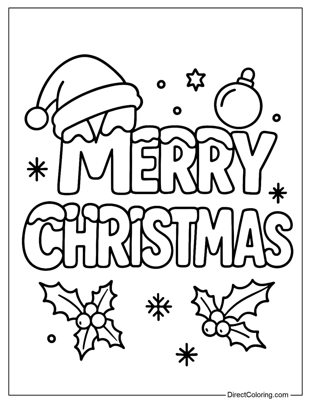 Merry Christmas coloring page with snow on top, Santa Claus hat letter M tilted to one side, surrounded by balls and holly leaves.