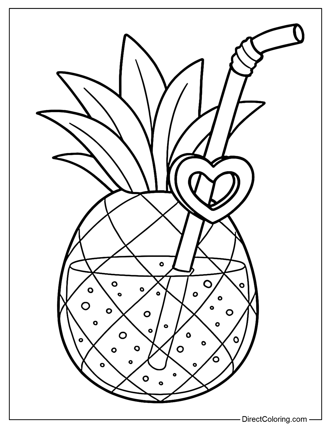 A whole pineapple coloring page, the pineapple juice inside is bubbling, the straw goes through the heart-shaped decorative circle.