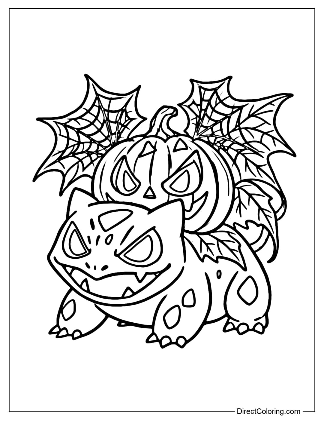 Coloring page of Bulbasaur carrying a pumpkin with leaves that turn into spider webs behind, bright eyes, and a ghostly smile.