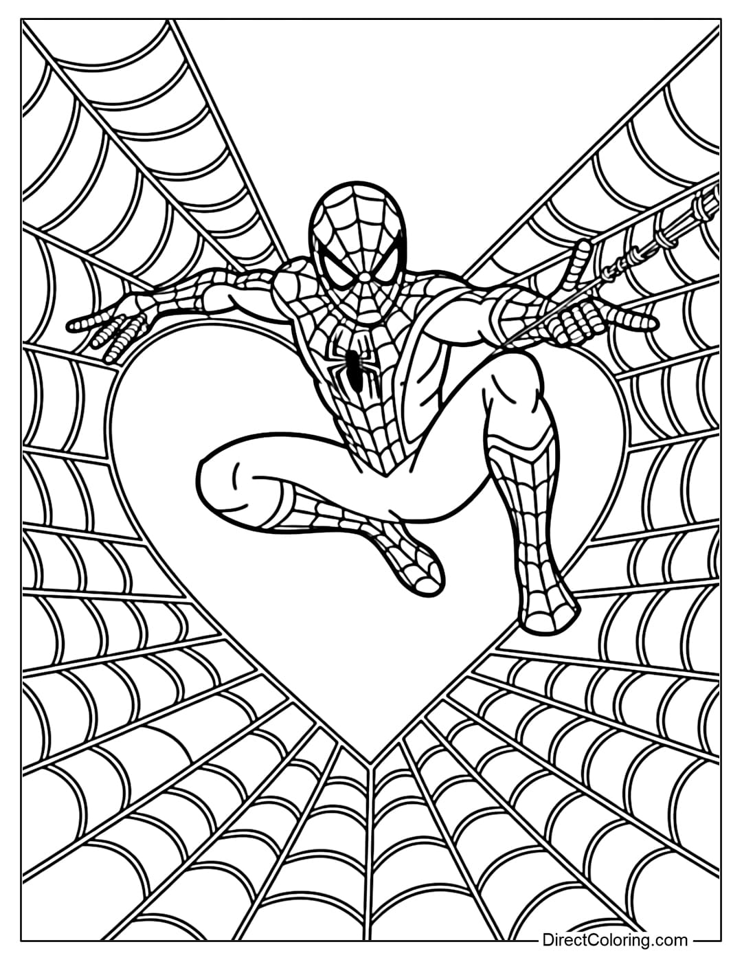 This Spiderman coloring page uses spider webs to draw a large heart in the foreground.