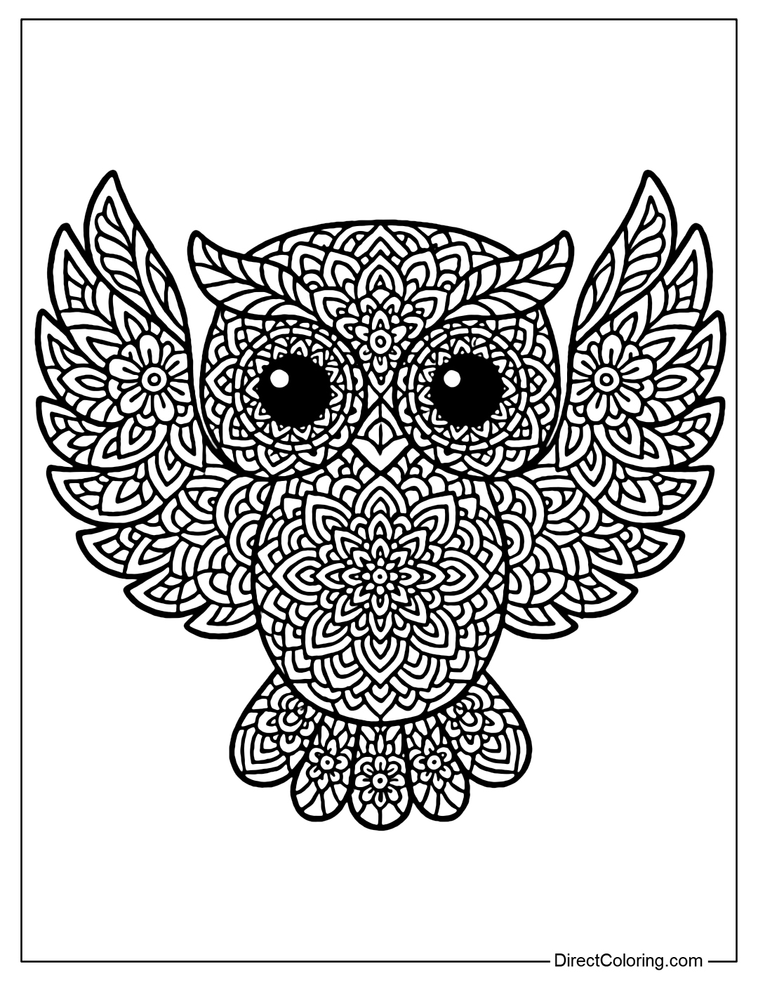Coloring page of an owl with wings spread out, covered with symmetrical mandala patterns