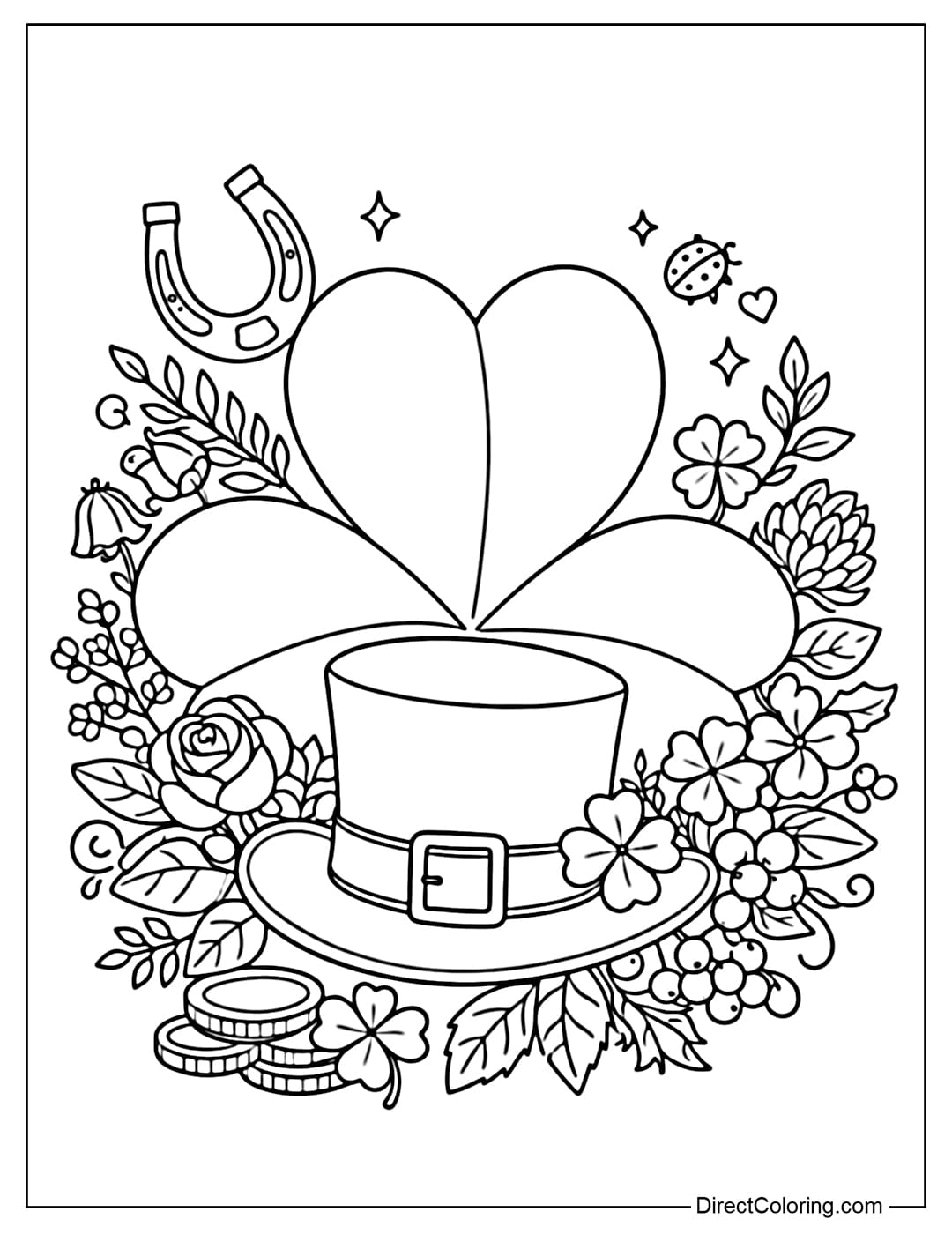 A coloring page featuring a large shamrock combined with a traditional green St. Patrick's Day hat, with floral details attached around the hat.