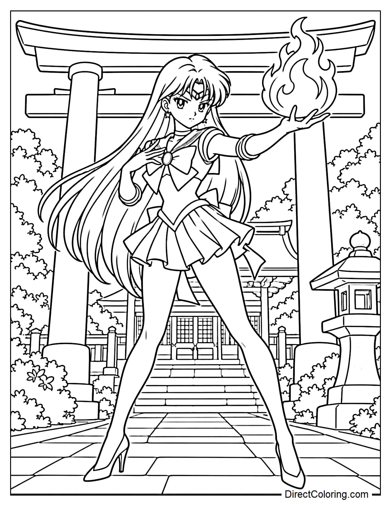 Sailor Mars (Rei Hino) stands in front of the entrance to Hikawa Shrine, performing a fire magic pose. She raises one hand in front of her, creating a magical flame, while keeping her other hand close to her chest. Behind her are the shrine's torii gate, a small stone lantern, and a few bushes.