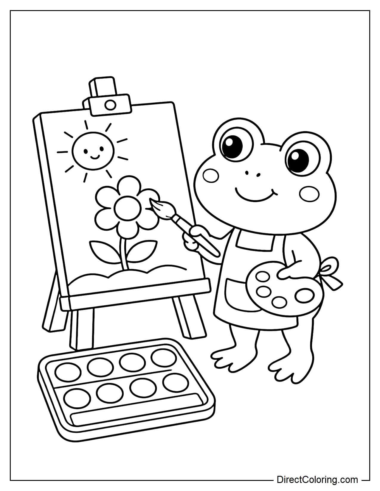 A frog is standing in front of a small easel holding a paintbrush, in front of it is a simple painting of a flower and the sun, next to a large palette.