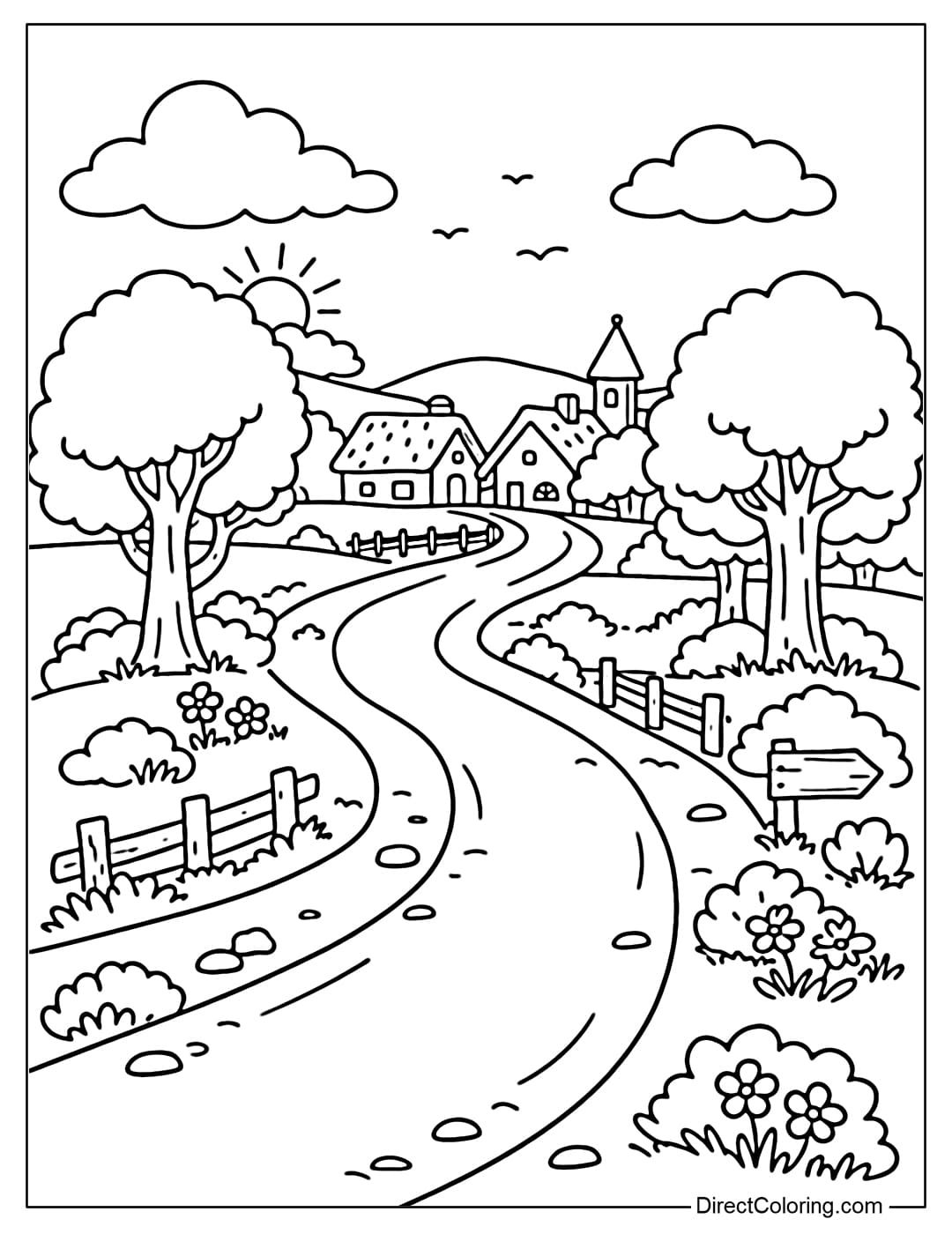 A coloring page of a winding village road with trees on either side and a few houses in the distance.