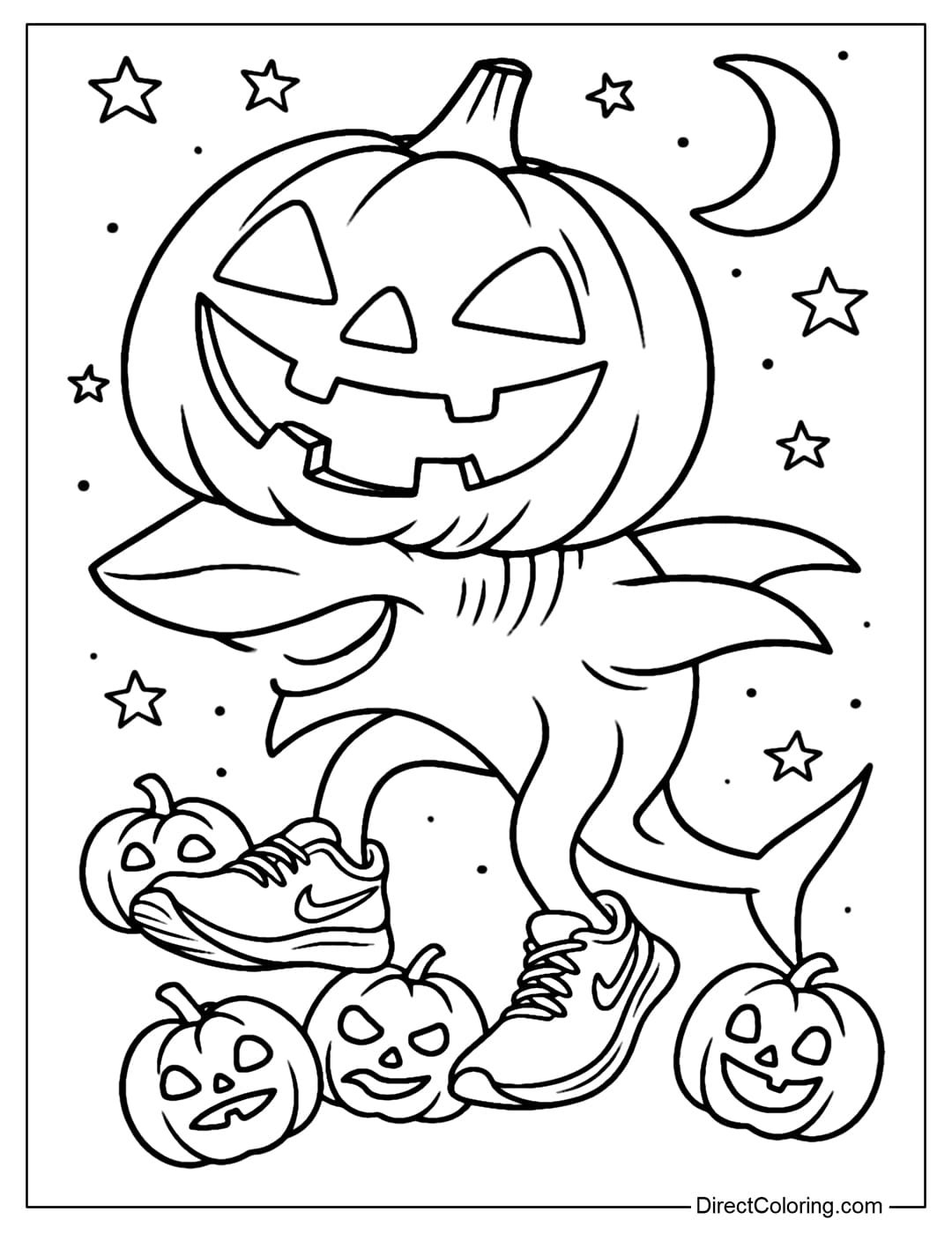 Tralalero Coloring Page Tralala wears a large pumpkin head with a toothy smile, light shining from within.