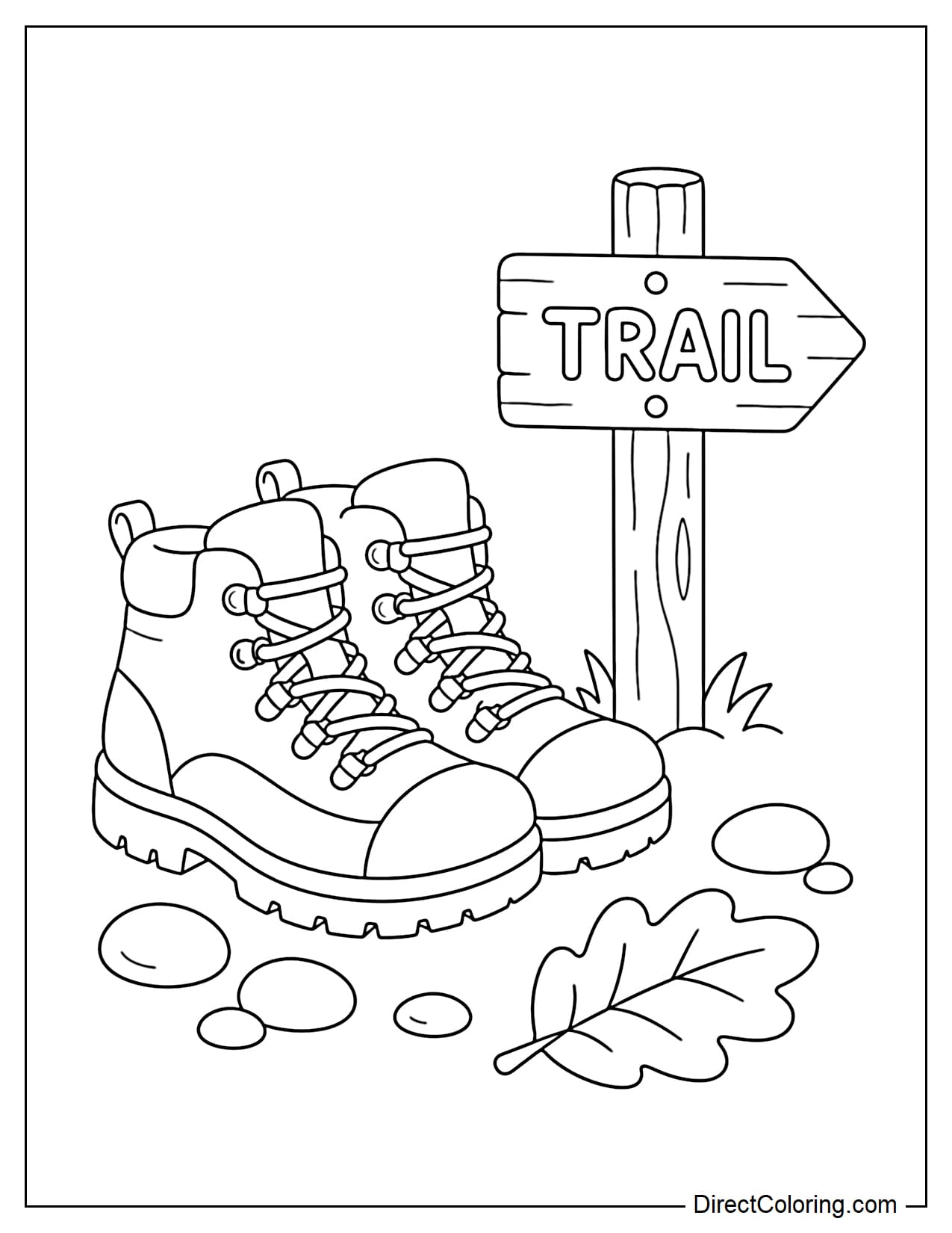A sturdy pair of hiking boots placed beside a small wooden trail sign, with a few rounded rocks and a large leaf nearby.