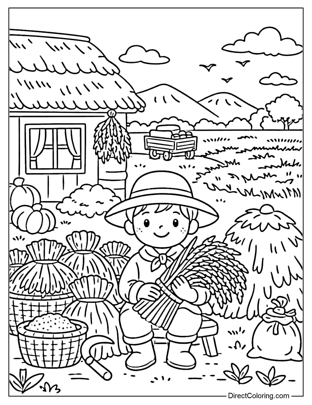 Coloring page of a harvest scene with a farmer and a bundle of rice in front of the house.