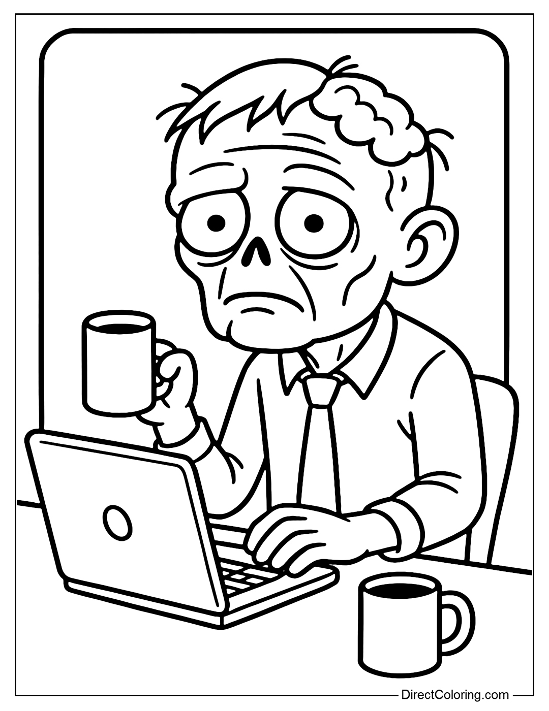 Coloring page of a zombie working in the office with a laptop, coffee and a cute bored expression.