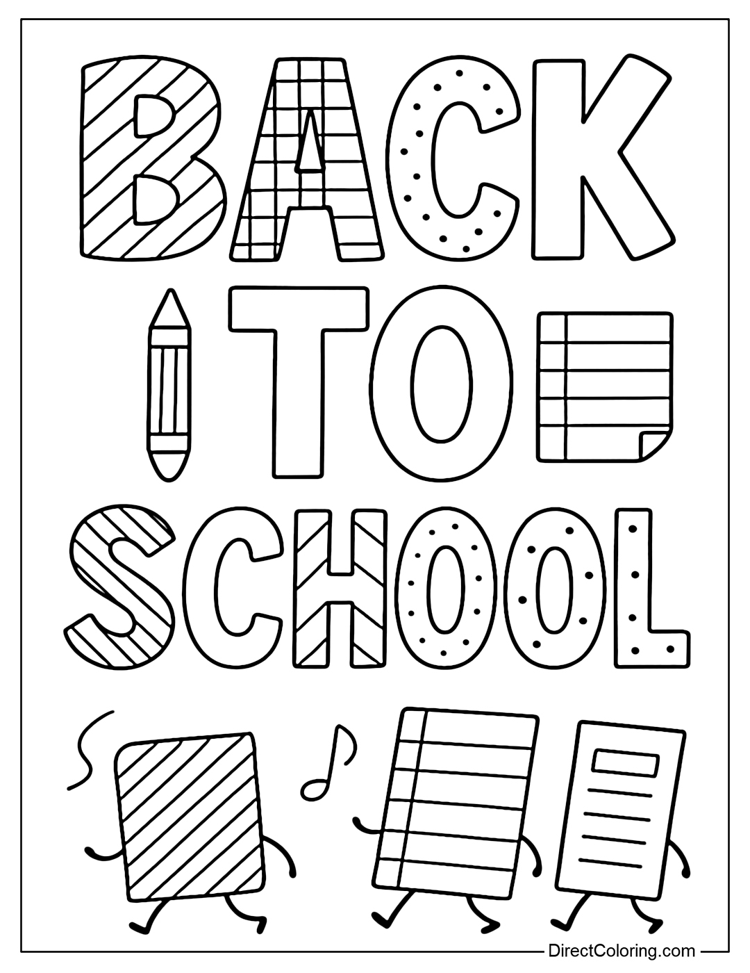 Back to School lettering coloring page is written in an artistic doodle style, each letter is inserted with motifs such as drawings, squares, pens and note paper.
