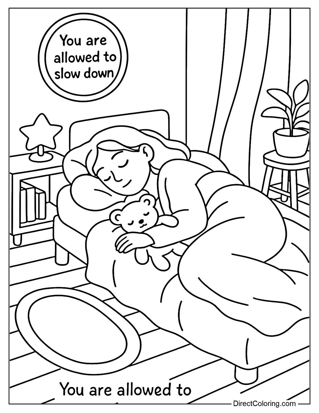A coloring page of a girl lying on her side on a low bed in a small bedroom, her whole body wrapped in a soft, thick blanket.