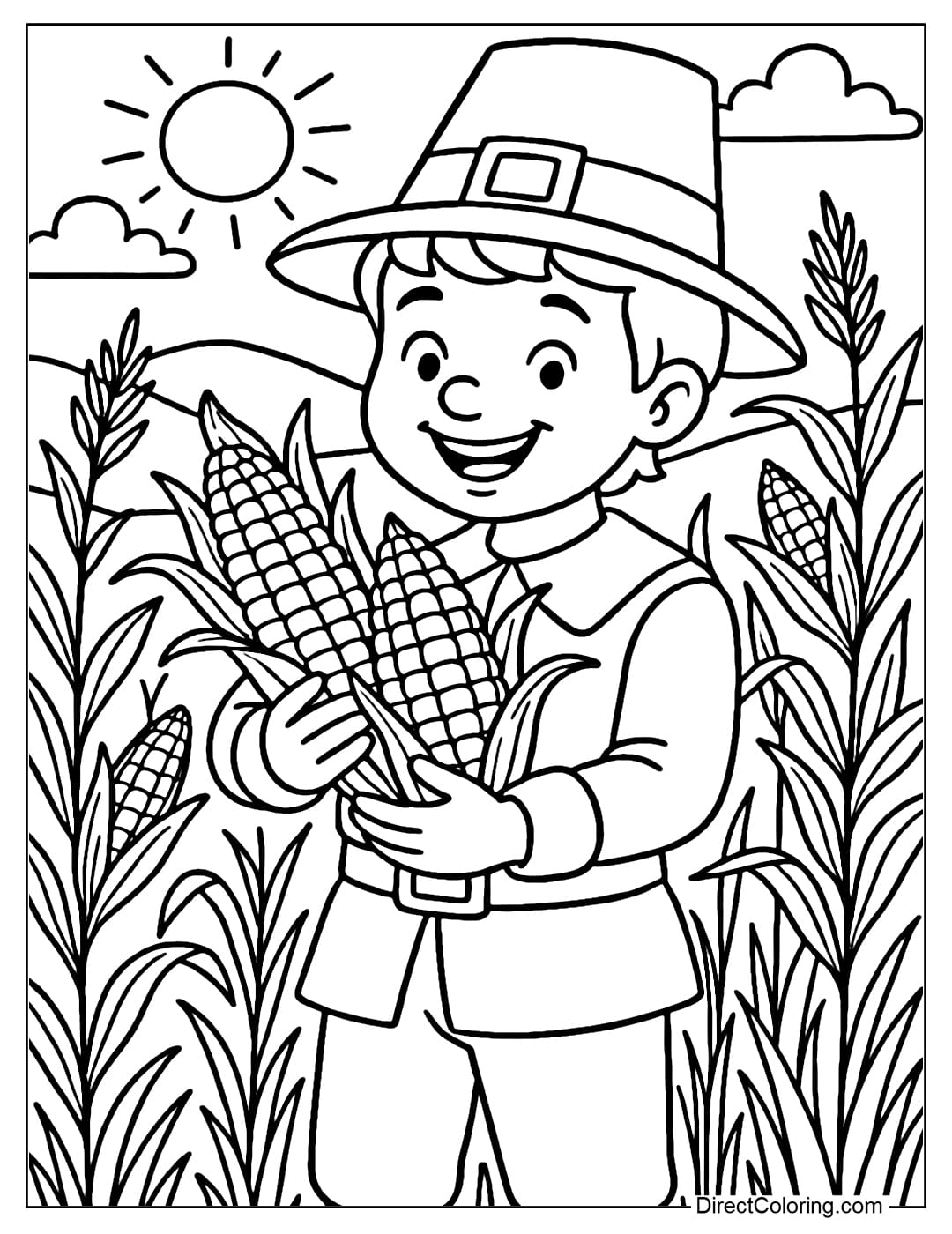 A coloring page of a boy Pilgrim harvesting corn, smiling brightly in the middle of a golden field in the autumn afternoon sun.