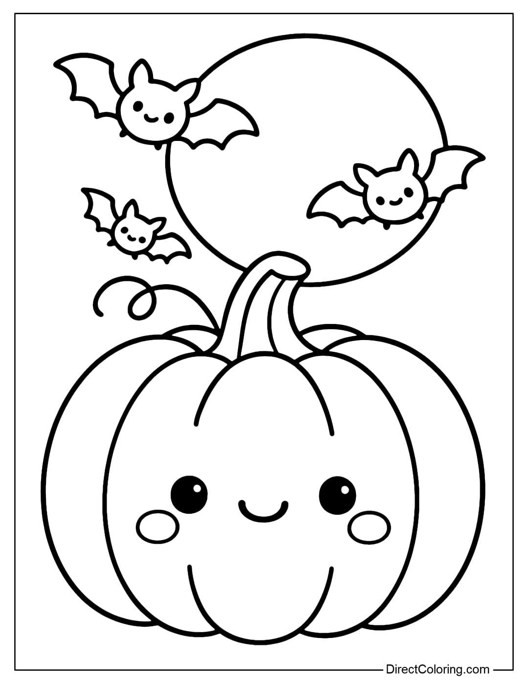 A coloring page of a large pumpkin with several small bats flying around a full moon behind it.