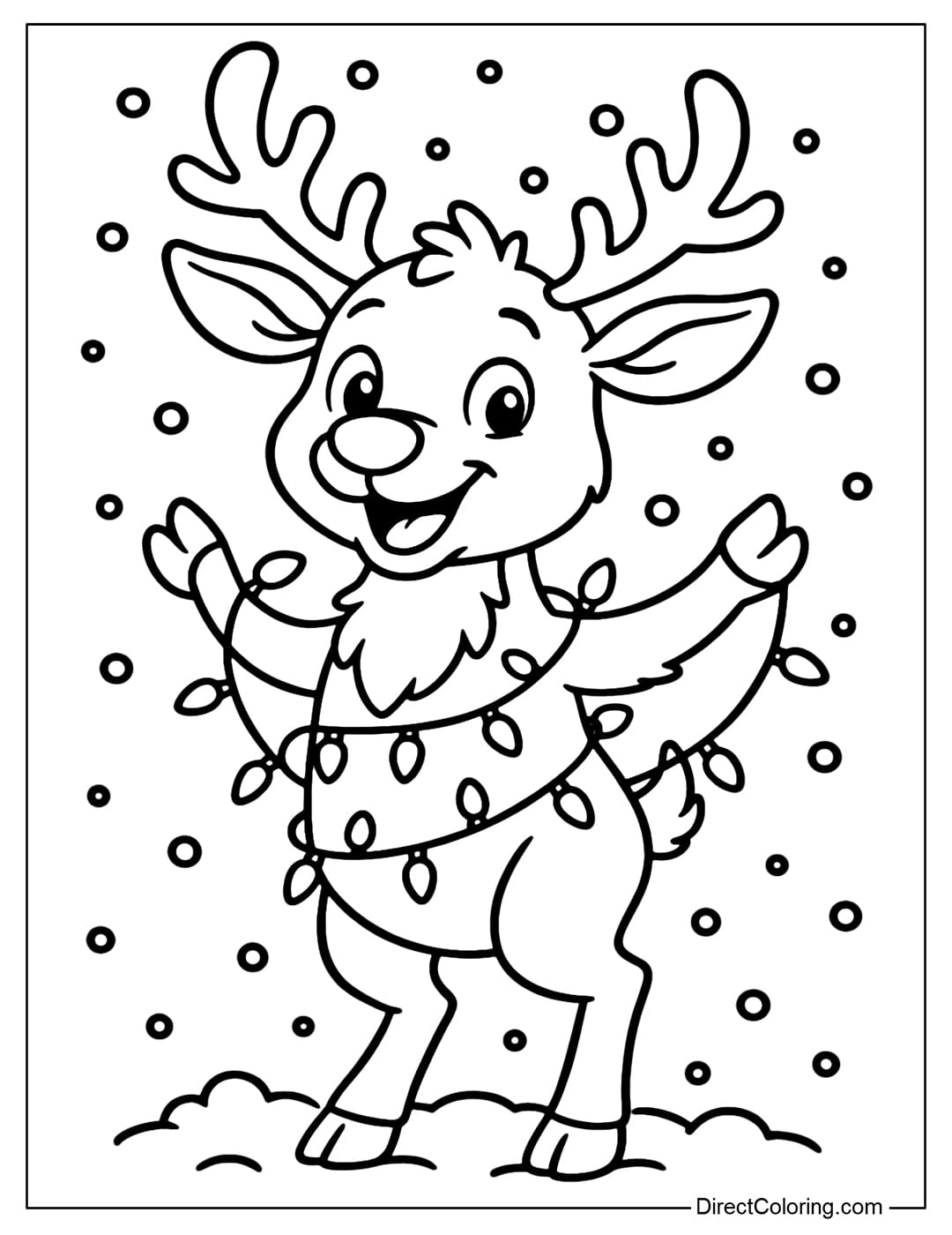 Reindeer with Christmas Lights Coloring Page A playful reindeer wrapped in Christmas lights.