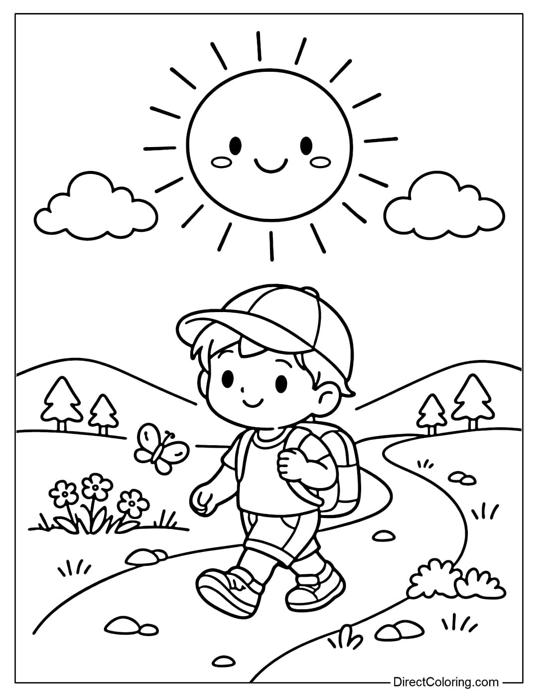 A boy is walking on a path with a large sun overhead.