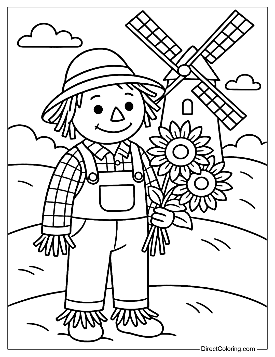Scarecrow coloring page standing in front of a large windmill, holding a bouquet of sunflowers, wearing a striped shirt and overalls.