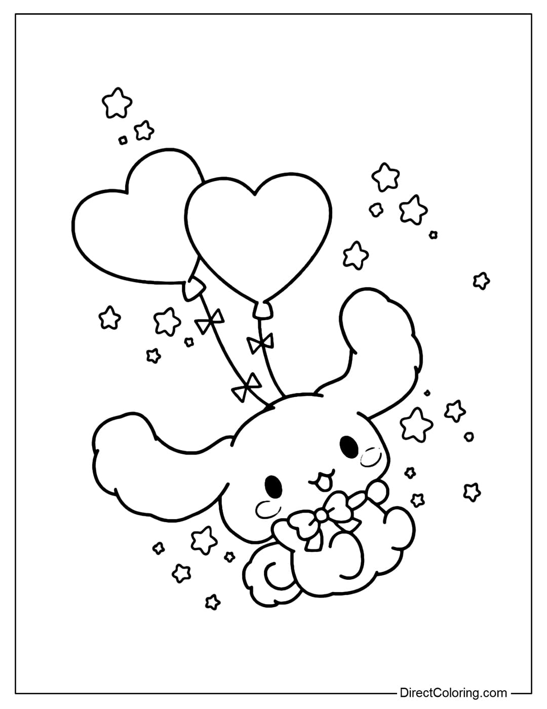 A coloring page of Cinnamoroll flying on a cloud with two heart-shaped balloons, surrounded by many small stars.