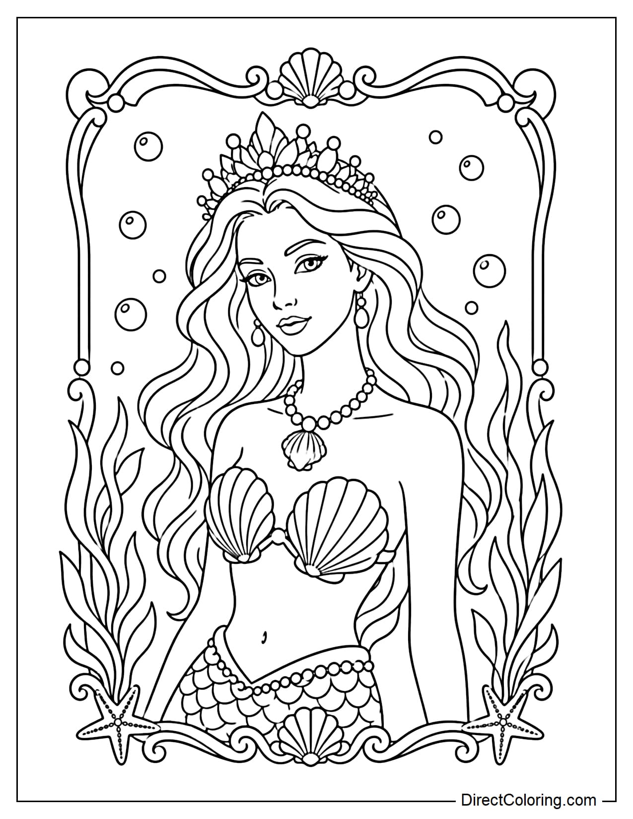An elegant mermaid portrait with long, gently curled hair, wearing a pearl crown and a seashell necklace. Surrounding her are bubbles and sea leaves.