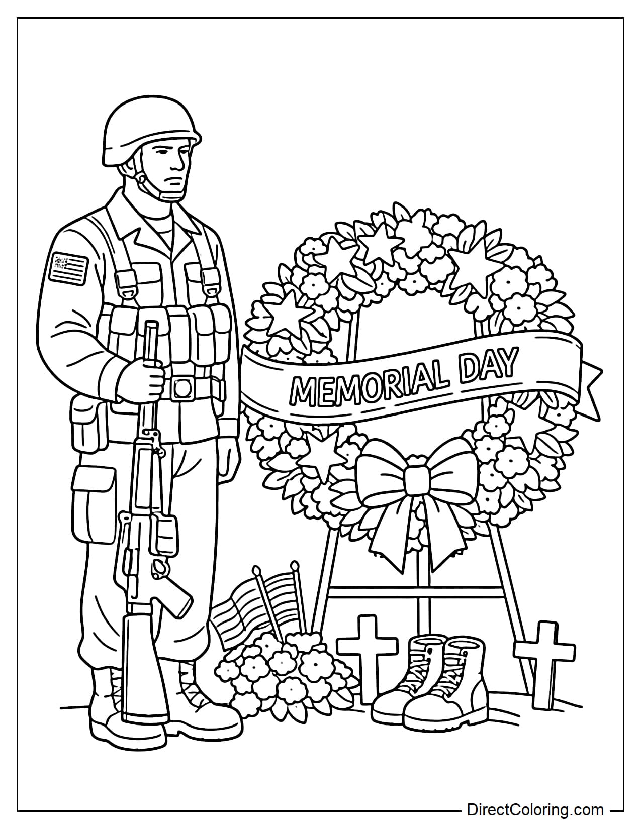 A soldier stands next to a simple memorial wreath; the composition is clear and solemn.