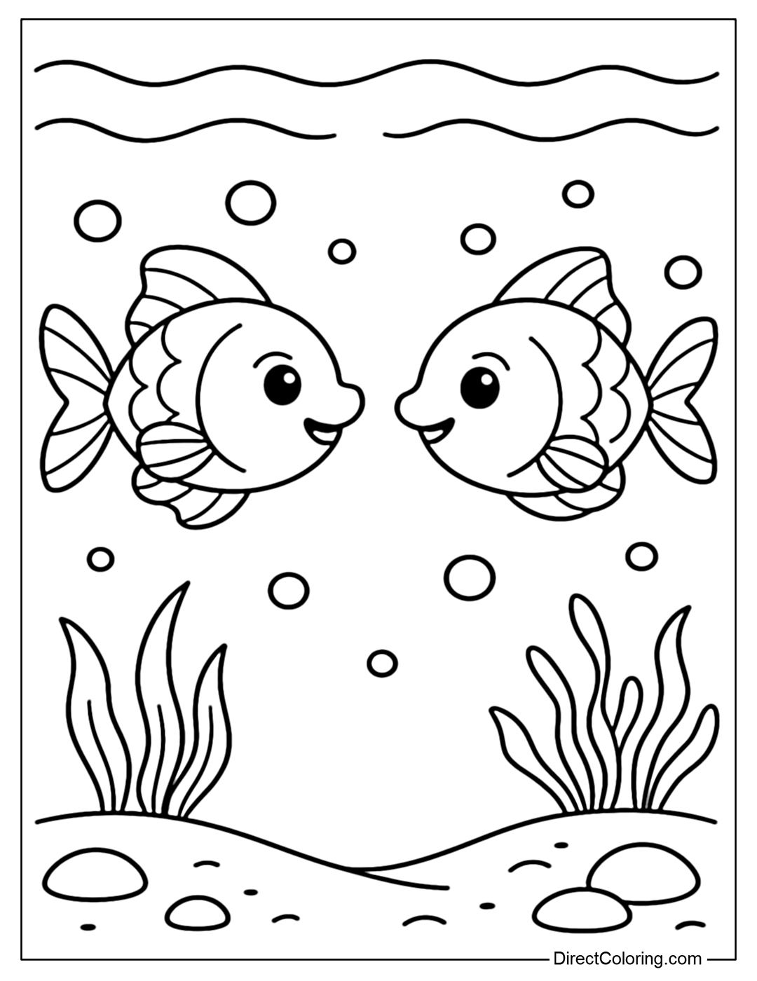 A coloring page of two small fish greeting each other in the water.