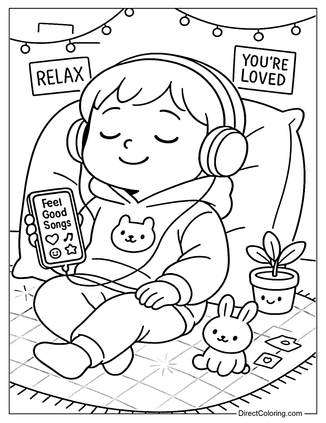 Coloring page for a child to plug in headphones, open the playlist on the phone with the words Feel Good Songs and a heart icon.