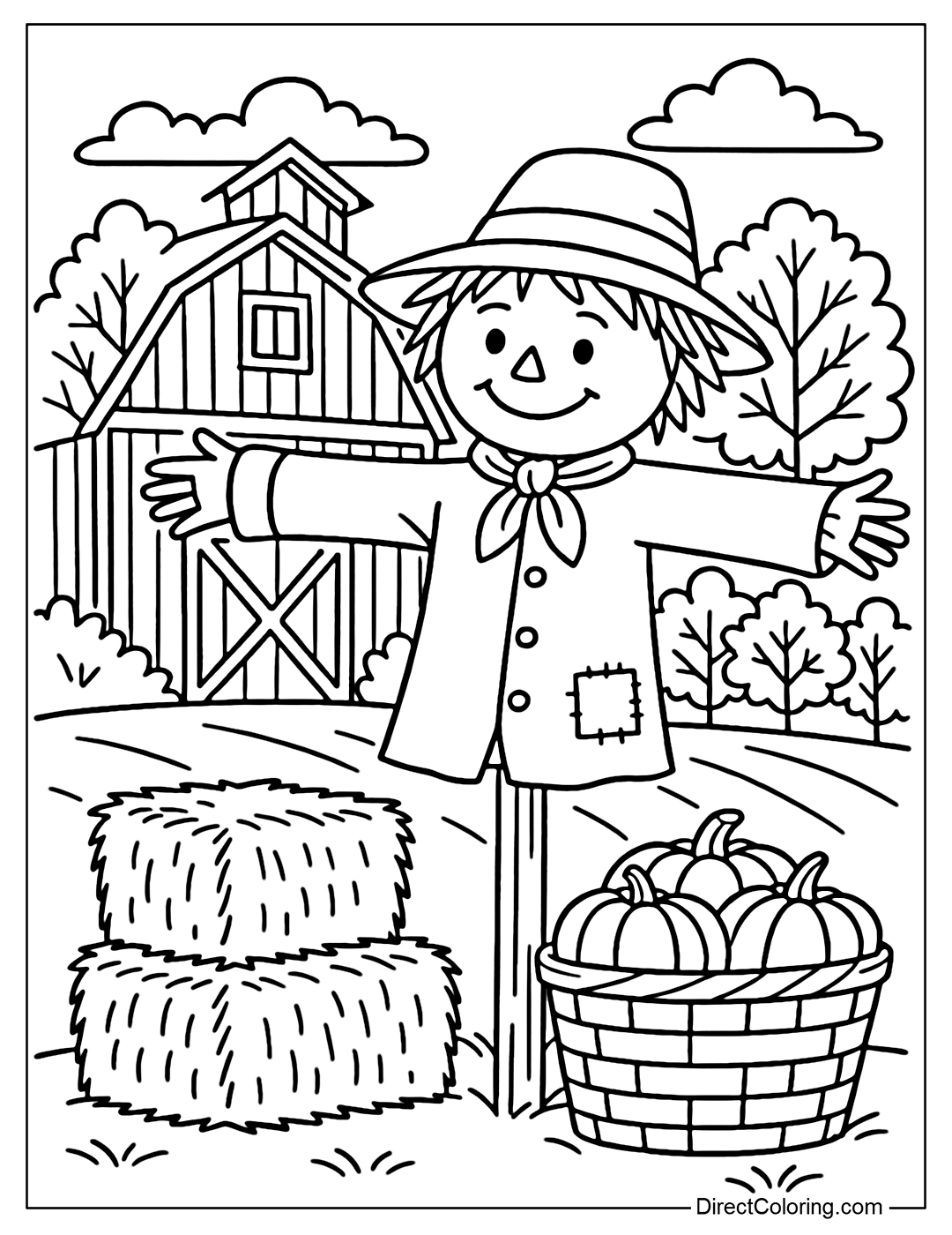 A scarecrow coloring page standing next to the farm's signature red barn, in front of a few hay bales and a basket of pumpkins.
