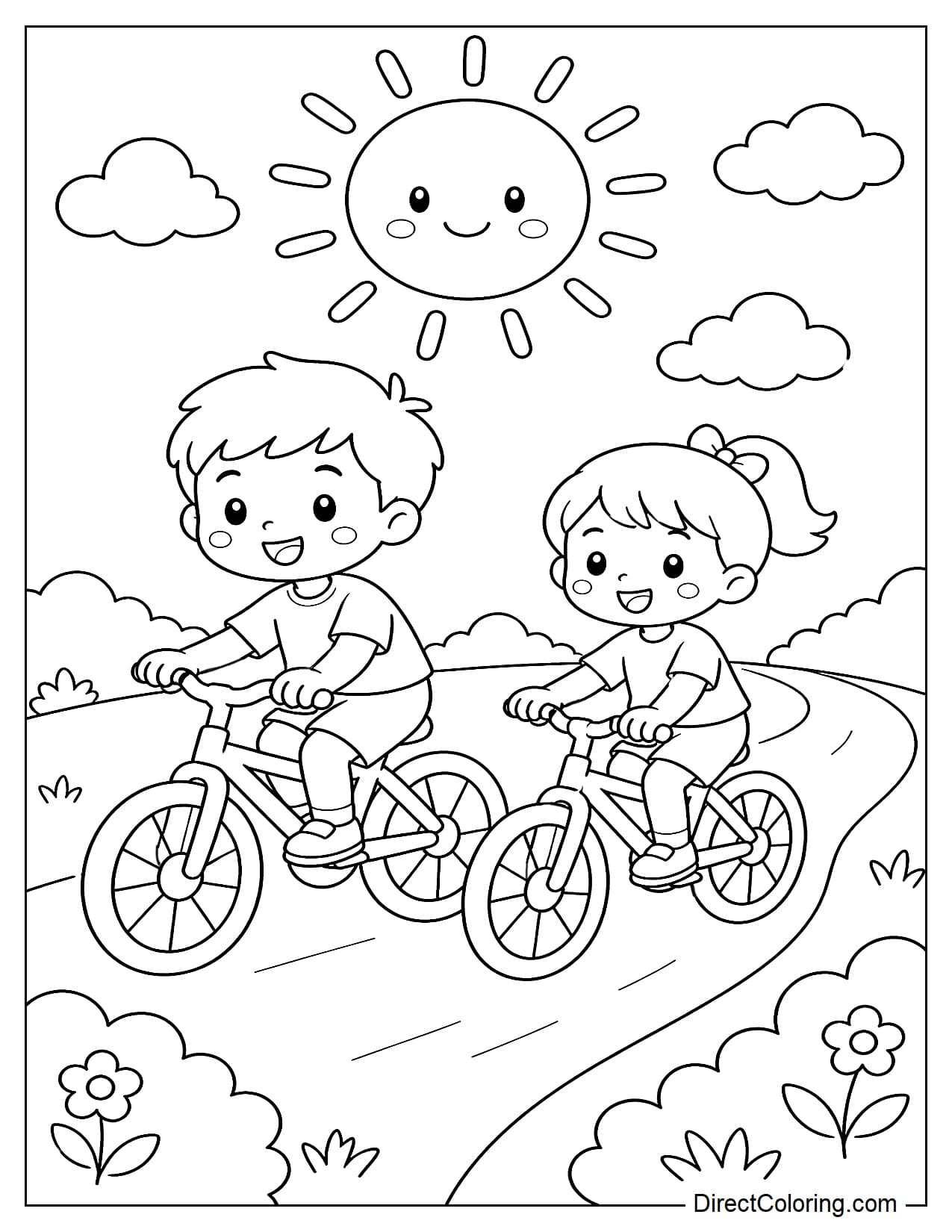 Two children are riding bicycles on a simple path, with a large sun and a few round clouds above.