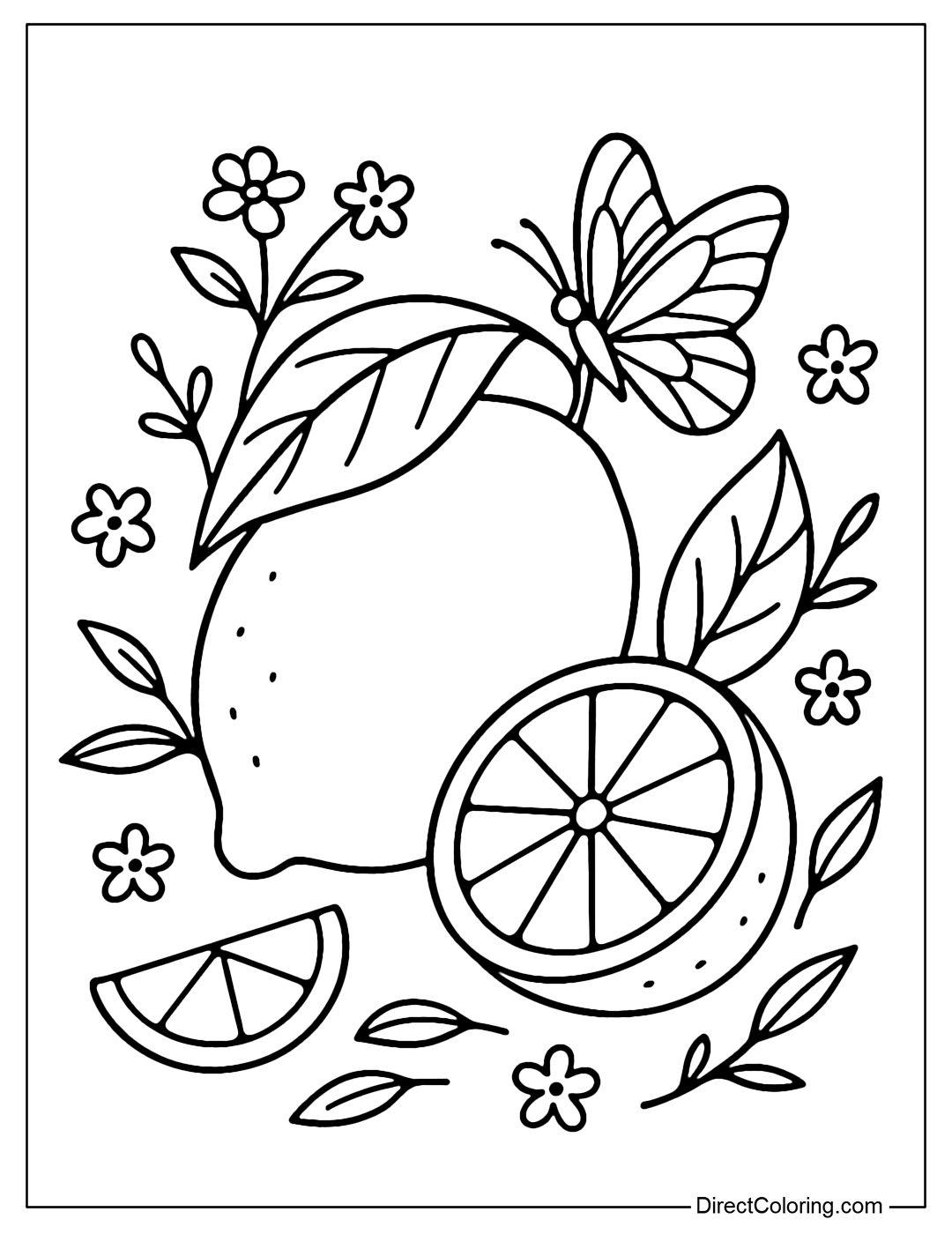 Whole lemon coloring page with dark leaves, half a lemon placed next to the cut segment. Surrounded by a few small petals, thin branches and a butterfly perched on the leaves, creating a harmonious and relaxing natural scene.